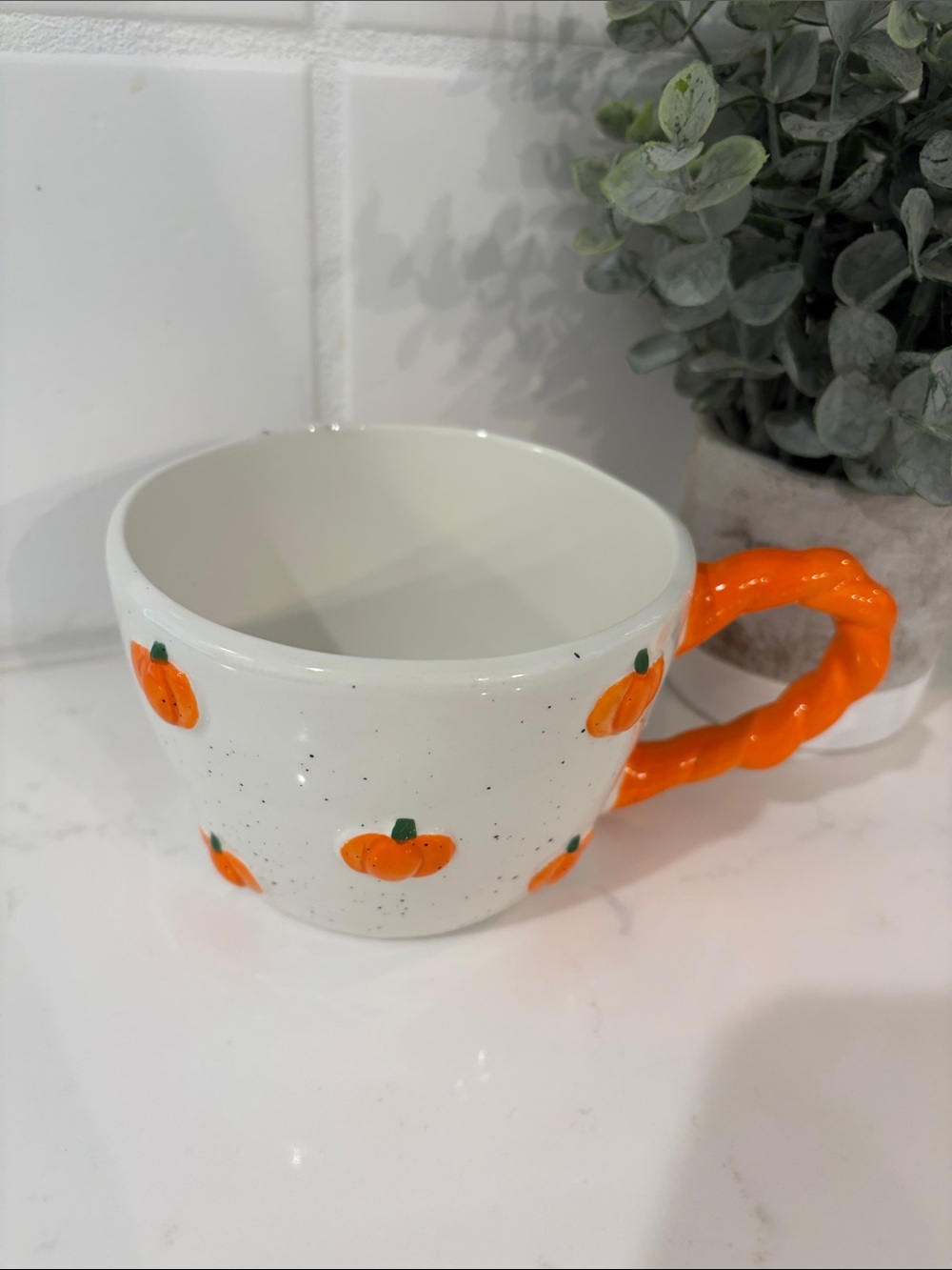 White Ceramic Pumpkin Accent Mug with Orange Handle